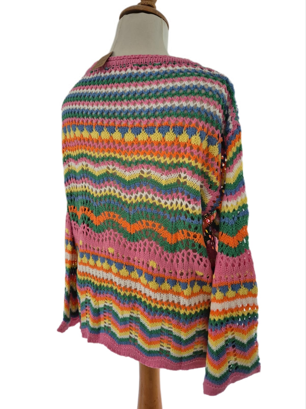 Sommer Strickpullover bunter Farbenmix mit Trompeten Ärmeln