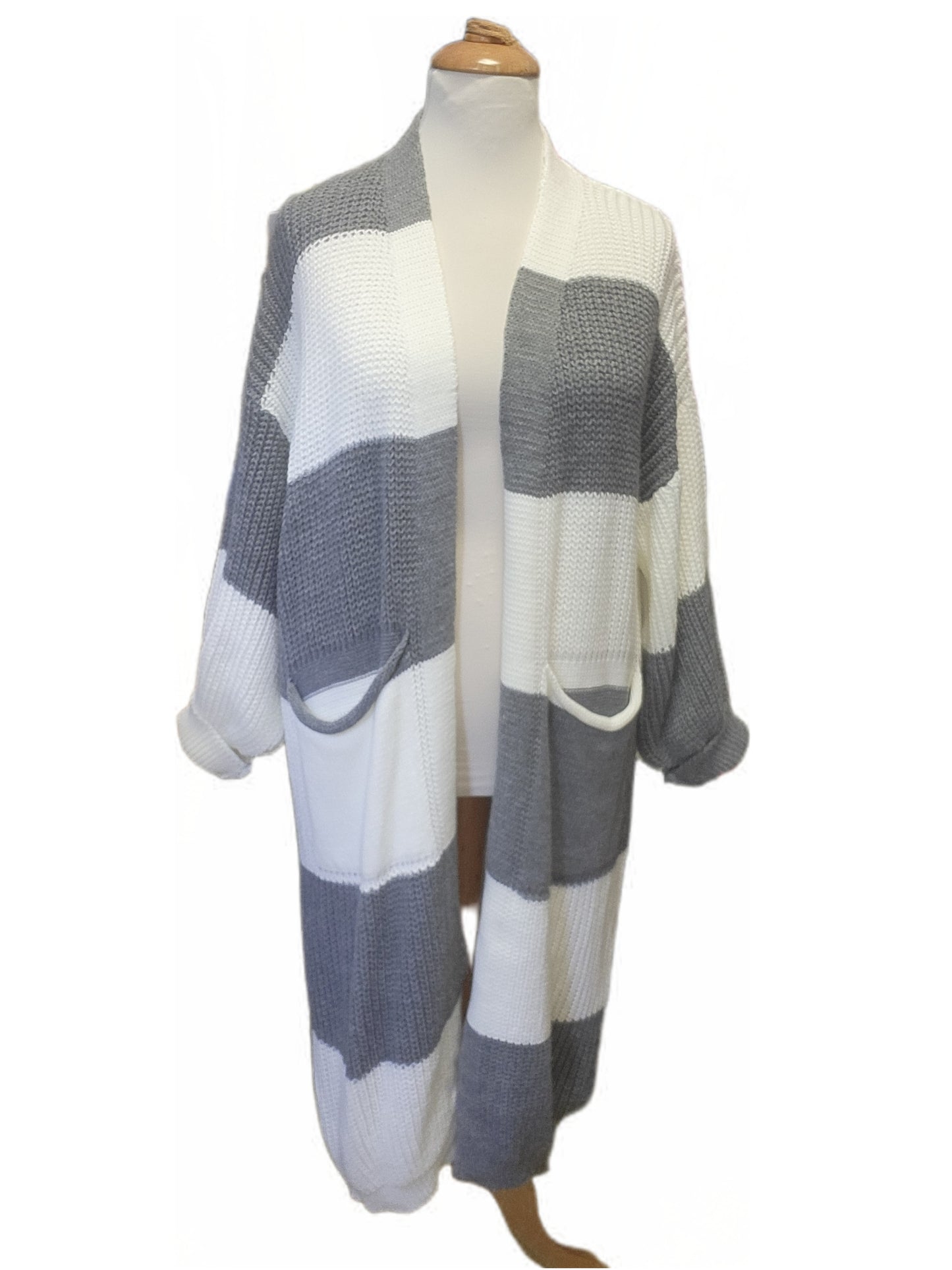 Langer Strickcardigan Streifen mit Taschen