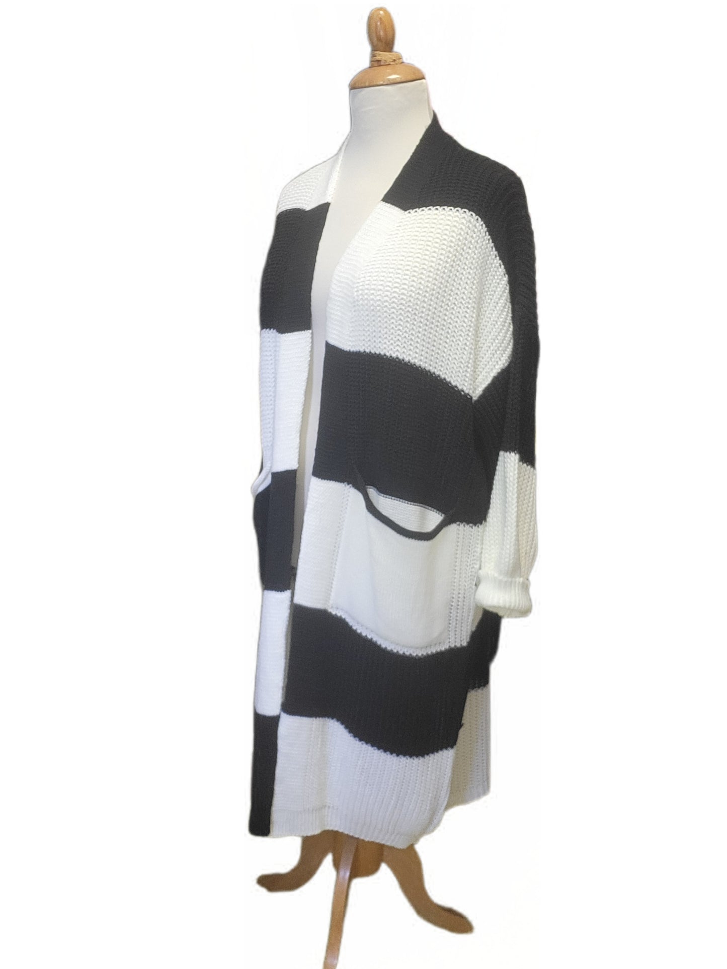 Langer Strickcardigan Streifen mit Taschen