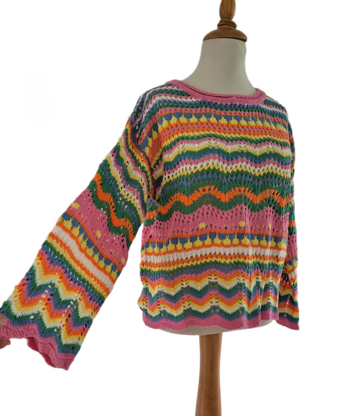 Sommer Strickpullover bunter Farbenmix mit Trompeten Ärmeln
