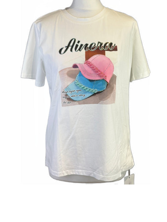T-Shirt Basecap Ainera mit Strasssteinen und Perlen Rose Mode