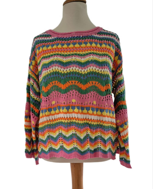 Sommer Strickpullover bunter Farbenmix mit Trompeten Ärmeln