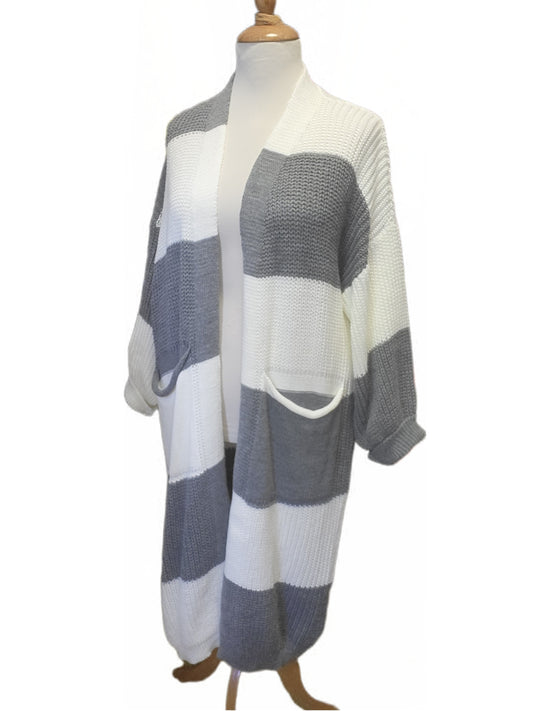 Langer Strickcardigan Streifen mit Taschen